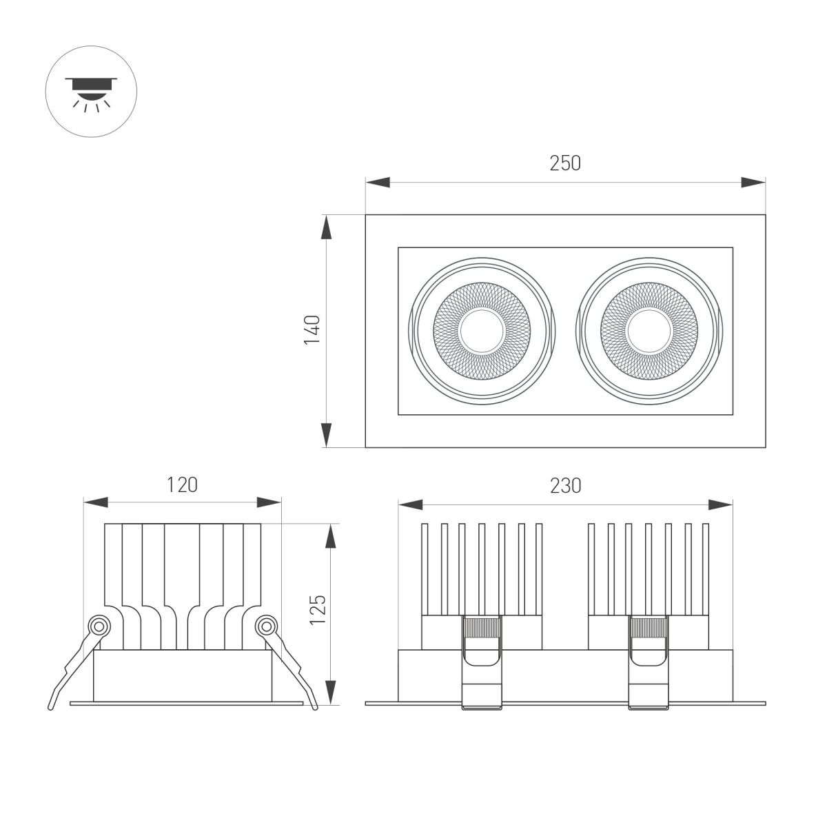 Встраиваемый карданный светильник Arlight MS-VORTEX-BUILT-S250x140-2x30W Warm3000 (WH-WH, 50 deg, 230V) (IP20 Металл) 042369