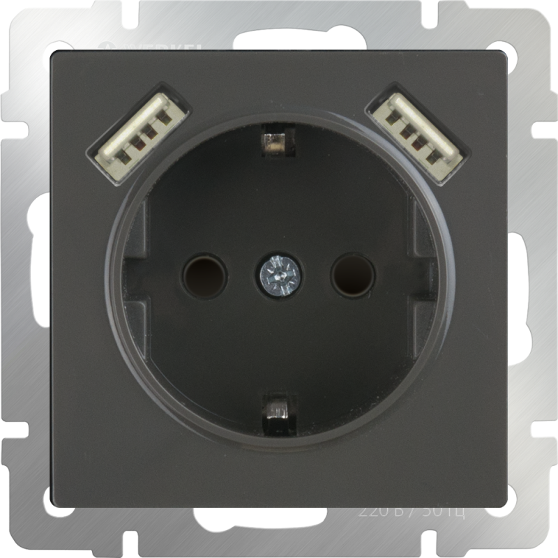 Розетка с заземлением, шторками и USBx2 серо-коричневая Werkel WL07-SKGS-USBx2-IP20 4690389073229