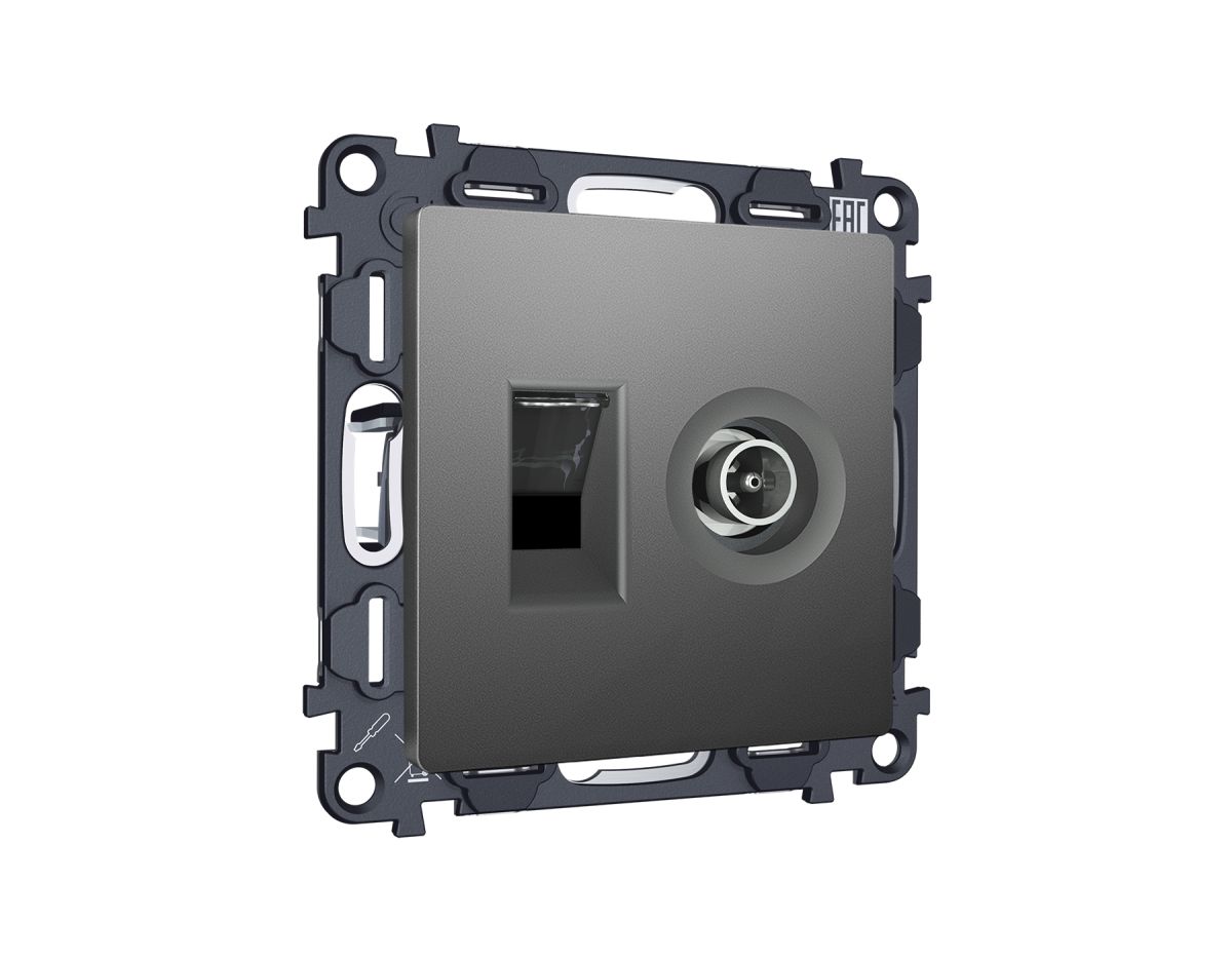 Комплект механизма розетки компьютерной + TV оконечной RJ-45 с автоматической защитной шторкой Alfa Антрацит серый Ambrella Volt MA662510 (AP6625, VM195)