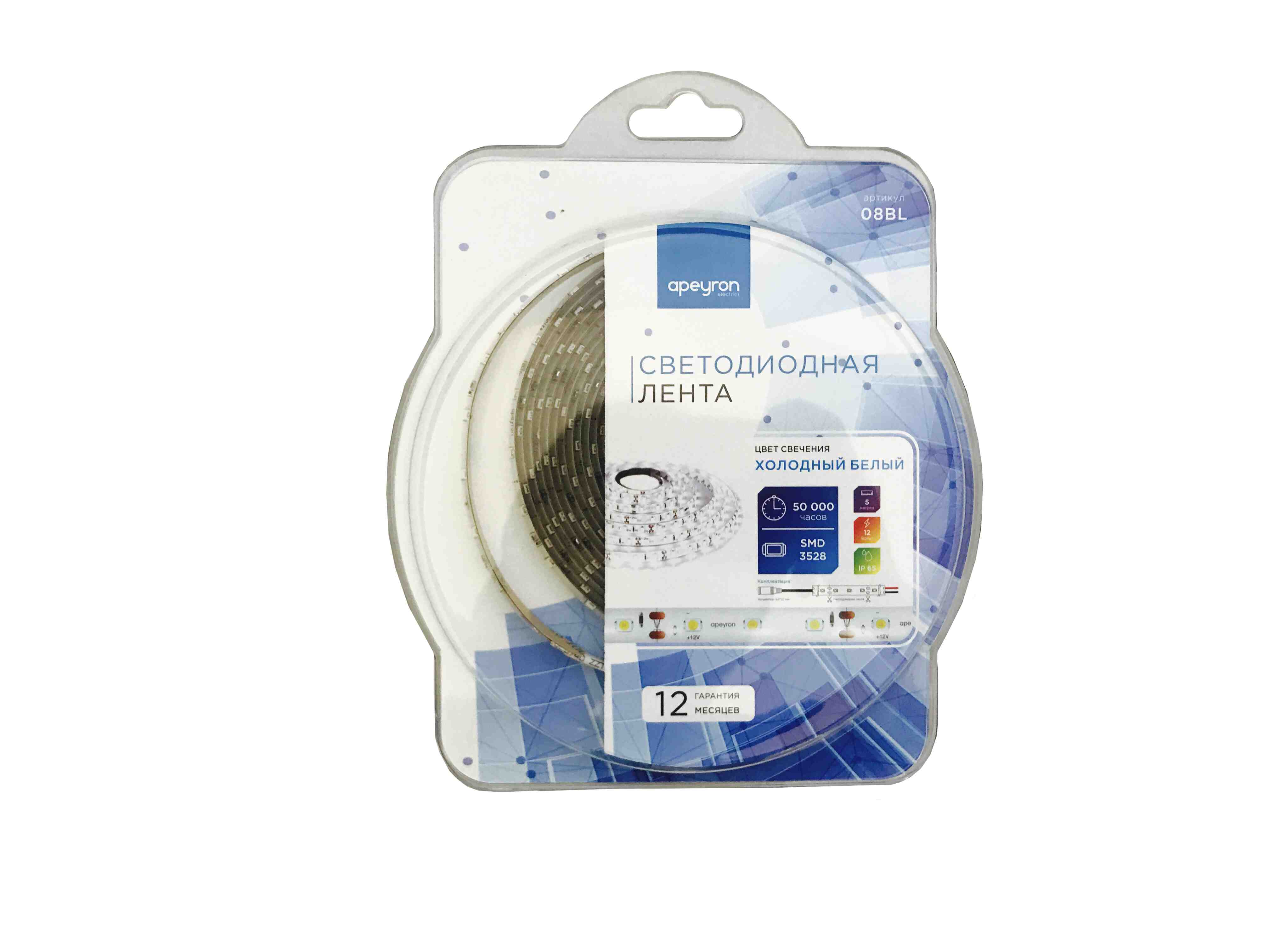 Светодиодная лента Apeyron 12В СТ 4,8Вт/м smd3528, 60д/м IP65 280Лм/м 5м 6500К 08BL