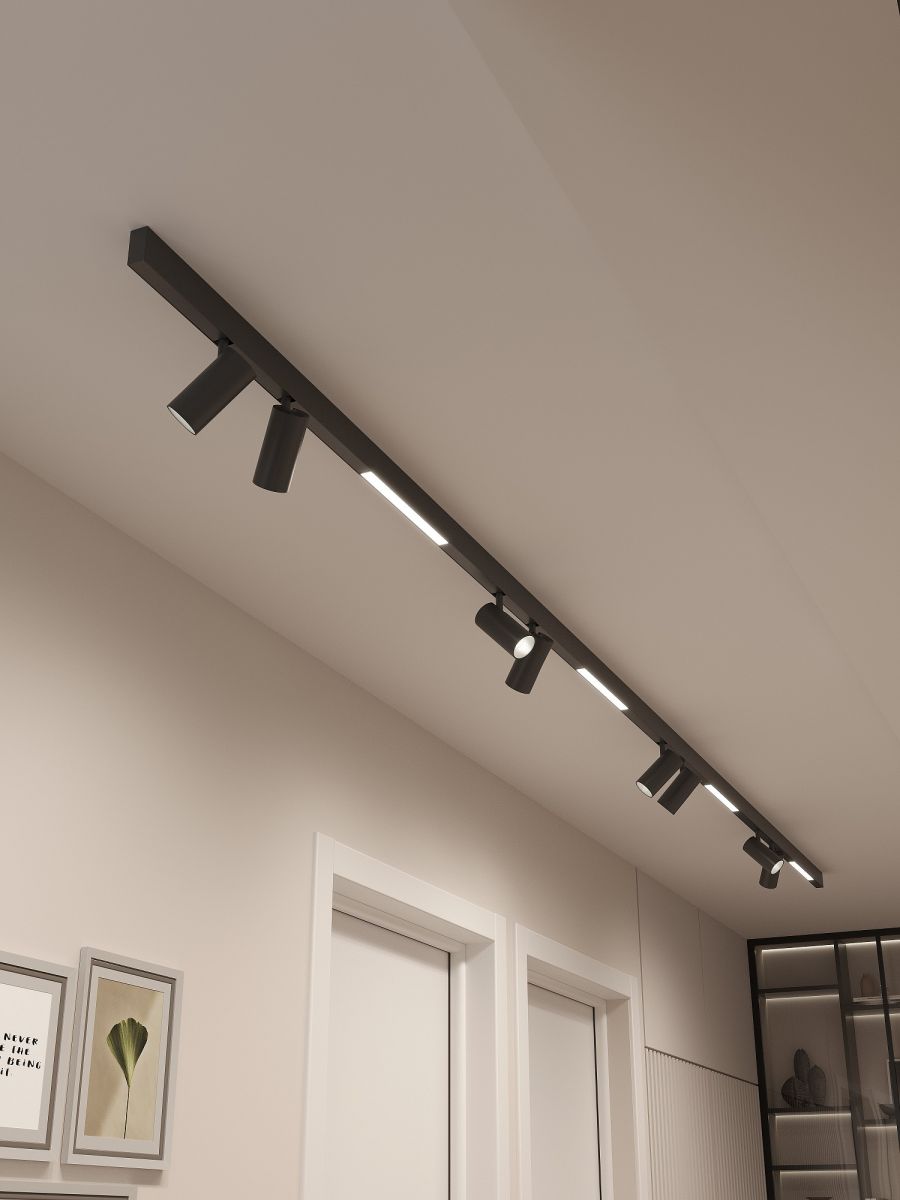 Трековая система со светильниками №5 трехфазная накладная Eldeko (48В, форма - прямая, 4м, 3000K) черная Hesby Lighting HSBL_kompl_E005_NI4B3K