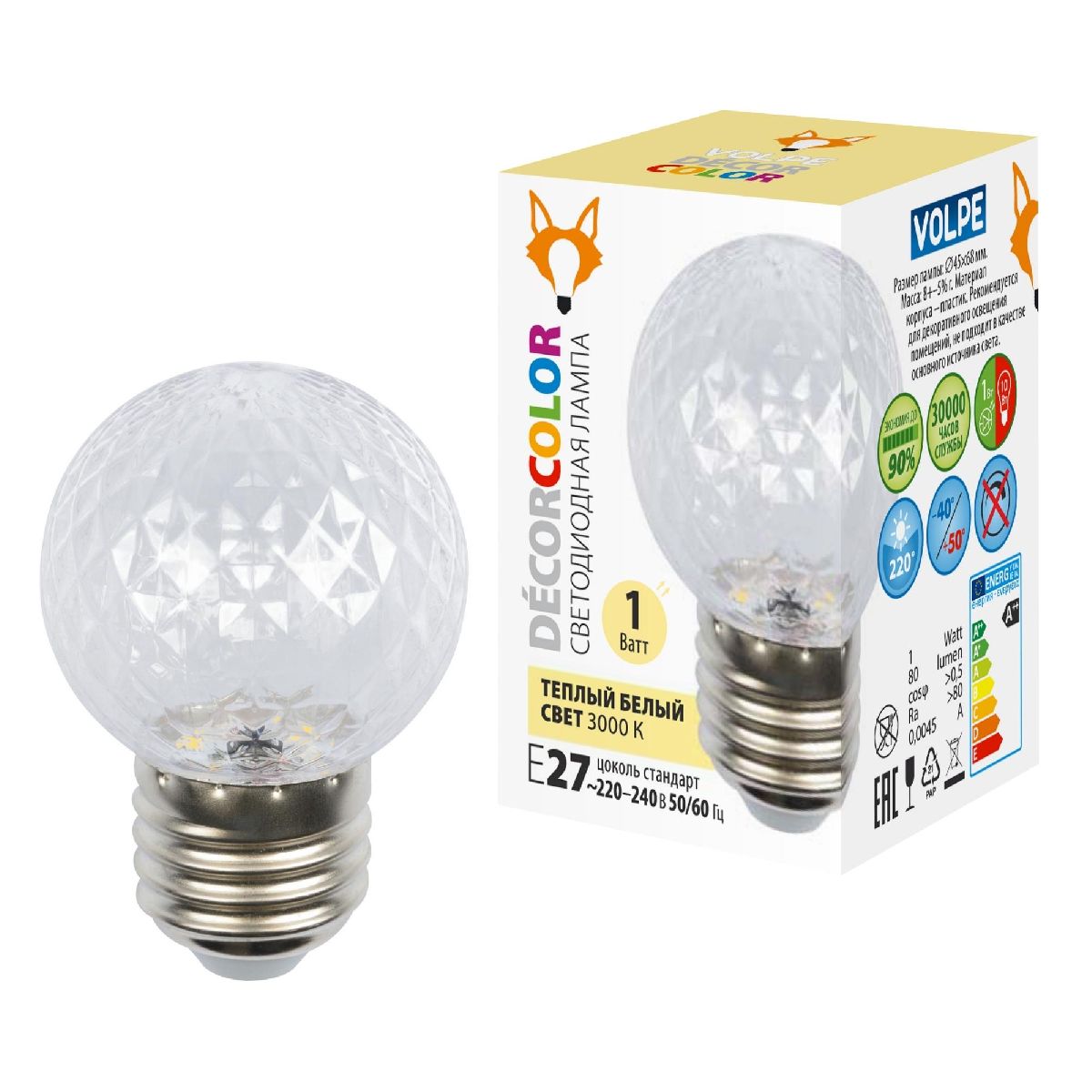 Лампа светодиодная Volpe Decor color LED-D45-1W/3000K/E27/CL/С PINEAPPLE UL-00010064