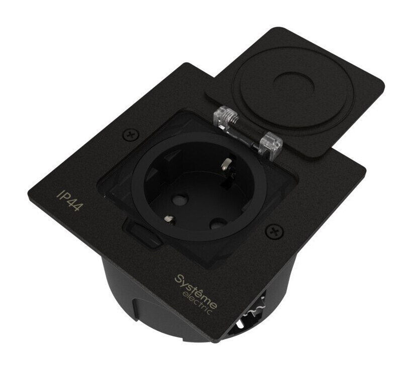 Лючок с розеткой 2К+З, 16А/250В, IP44 с монтажной коробкой для стены, фальшпола, стола , тип MDK21 Systeme Elecrtic MultiDesk Чёрный матовый MDK21102MBA