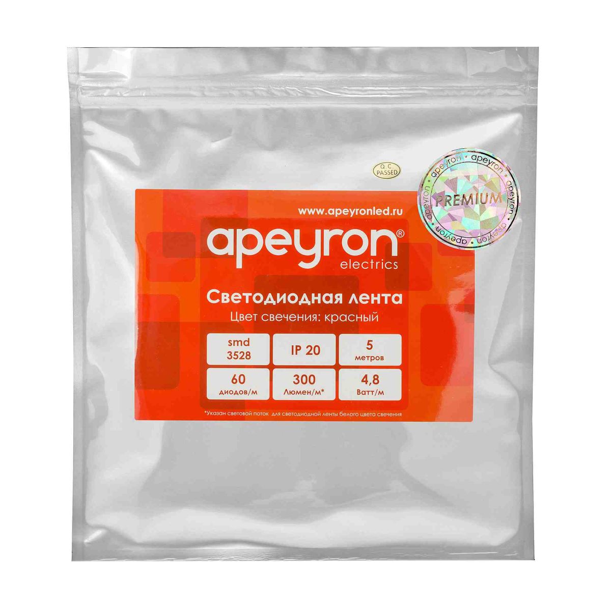 Светодиодная лента Apeyron 12В, 4,8Вт/м, smd3528, 60д/м, IP20 5м Красный 00-435