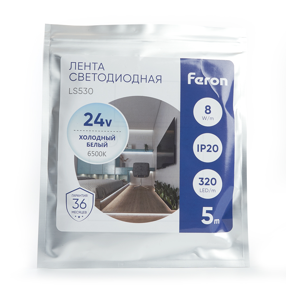 Светодиодная лента Feron LS530 24В 2110 8Вт/м 6500K 5м IP20 48265