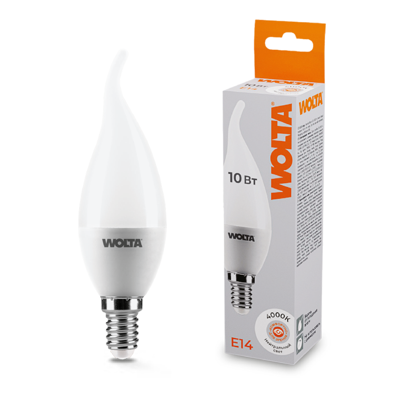Светодиодная лампа WOLTA 10Вт 4000K E14 свеча на ветру матовая 25SCD10E14