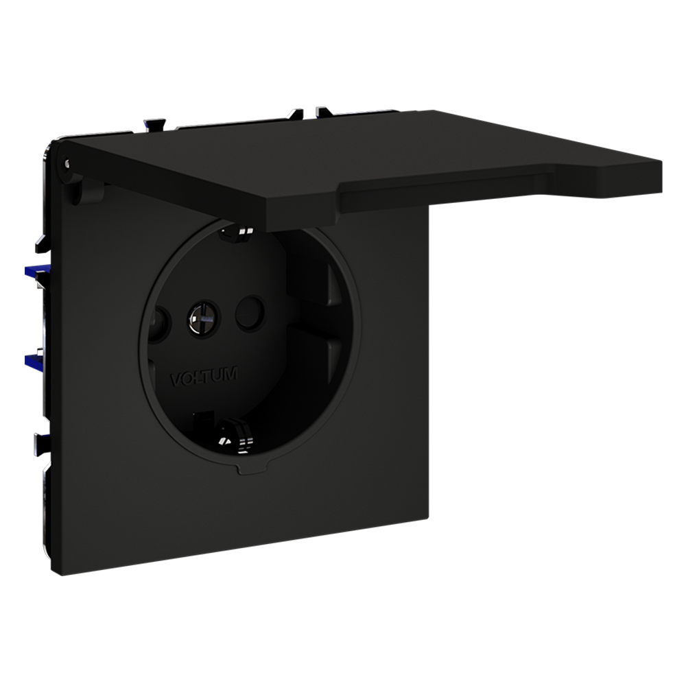 Розетка с защитными шторками и крышкой Voltum S70 VLS040308 (черный матовый)