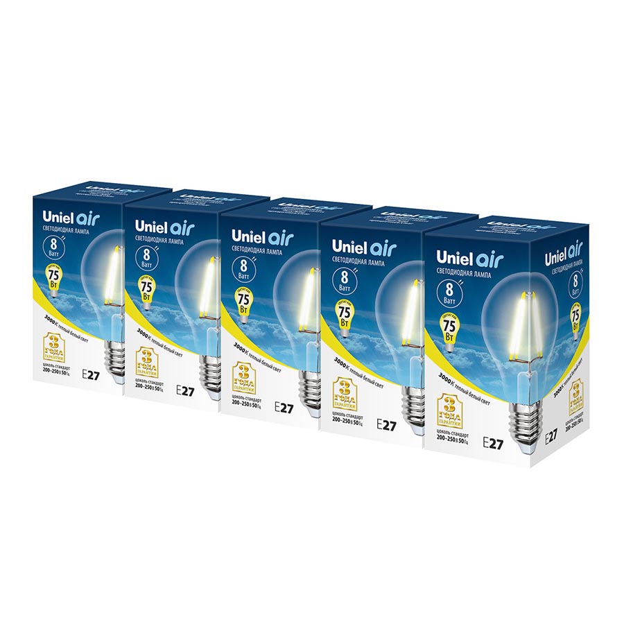 Лампа светодиодная филаментная Uniel E27 8W 3000K груша прозрачная LED-A60-8W/WW/E27/CL GLA01TR Набор из 5штук UL-00008080