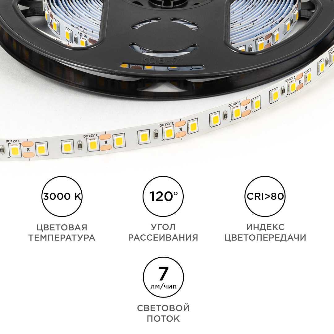 Светодиодная лента OGM 12В 2835 9,6Вт/м 3000К 7Лм/чип 5м IP20 LSE-256