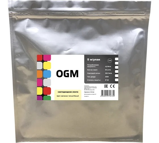 Светодиодная лента OGM 12В ЭКО 4,8Вт/м smd2835 60д/м IP20 220Лм/м 5м 3000К LSE-144