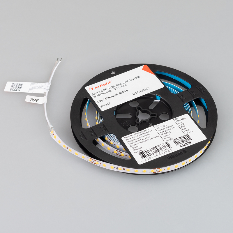 Светодиодная лента Arlight COB-X128-8mm 24V Day4000 (9.6 W/m, IP20, DOT, 5m) 036839