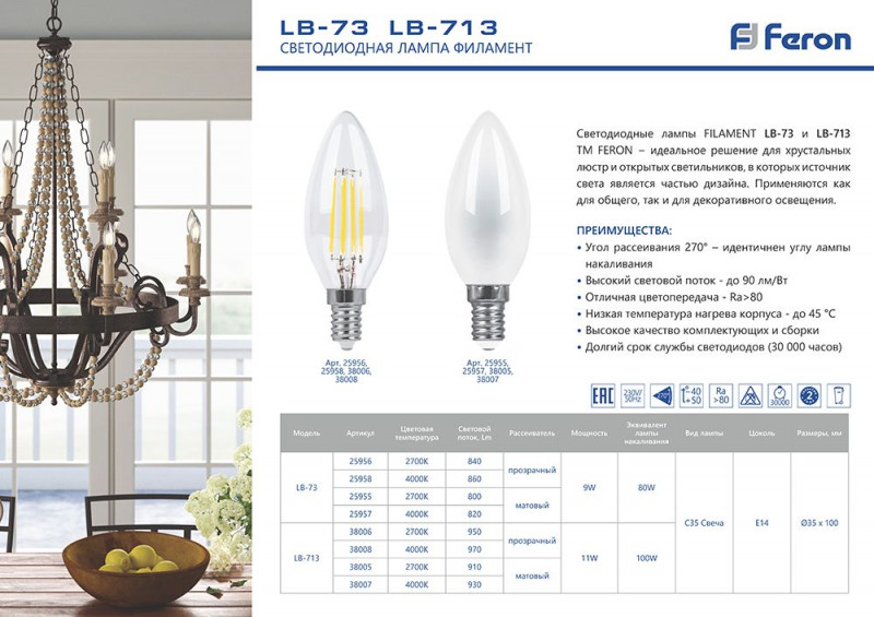 Лампа светодиодная Feron E14 11W 4000K Свеча Матовая LB-713 38007 УЦ