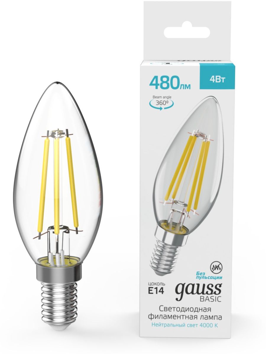 Светодиодная филаментная лампа Gauss Basic Filament E14 4W 4000K свеча 50312242