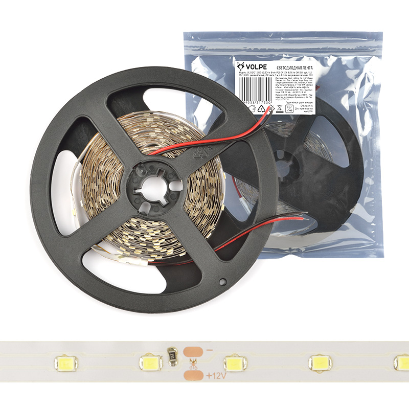 Светодиодная лента Volpe ULS-Q921 2835-60LED/m-8mm-IP20-DC12V-4,8W/m-5M-DW катушка в герметичной упаковке