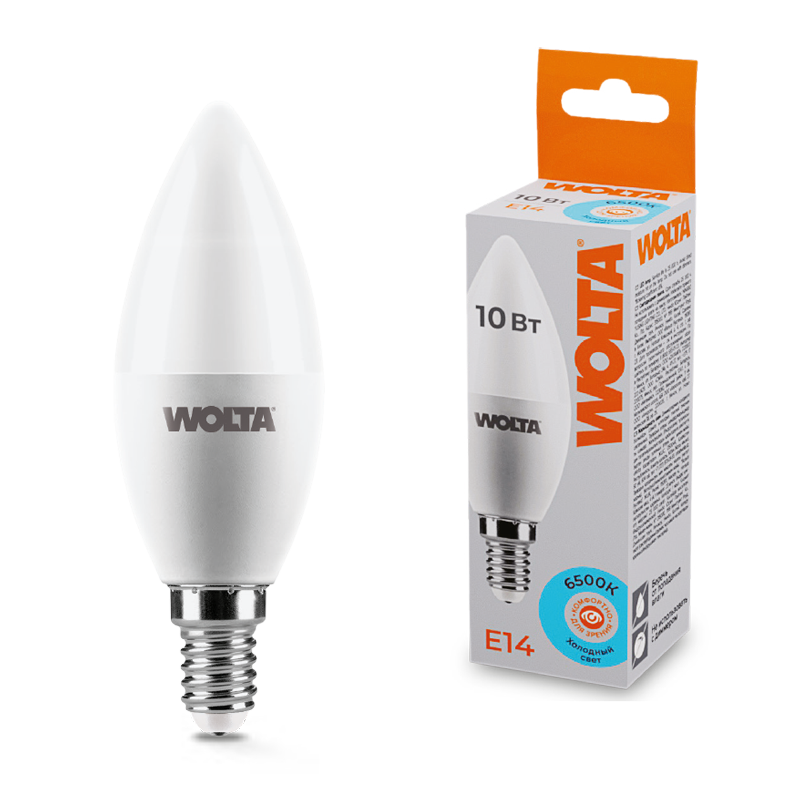 Светодиодная лампа WOLTA 10Вт 6500K E14 свеча матовая 25WC10E14