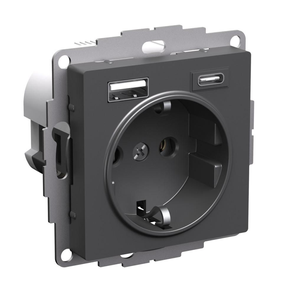 Розетка 16А с 2 USB A+C, 5В/2,4А/3,0А, 2х5В/1,5А, Systeme Electric AtlasDesign Базальт ATN001432