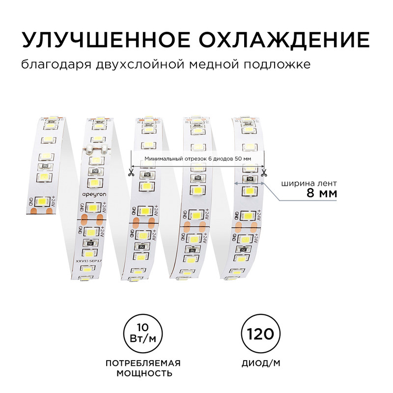 Светодиодная лента Apeyron Стандарт 24В 3528 10Вт/м 3000К 5м IP20 00-330