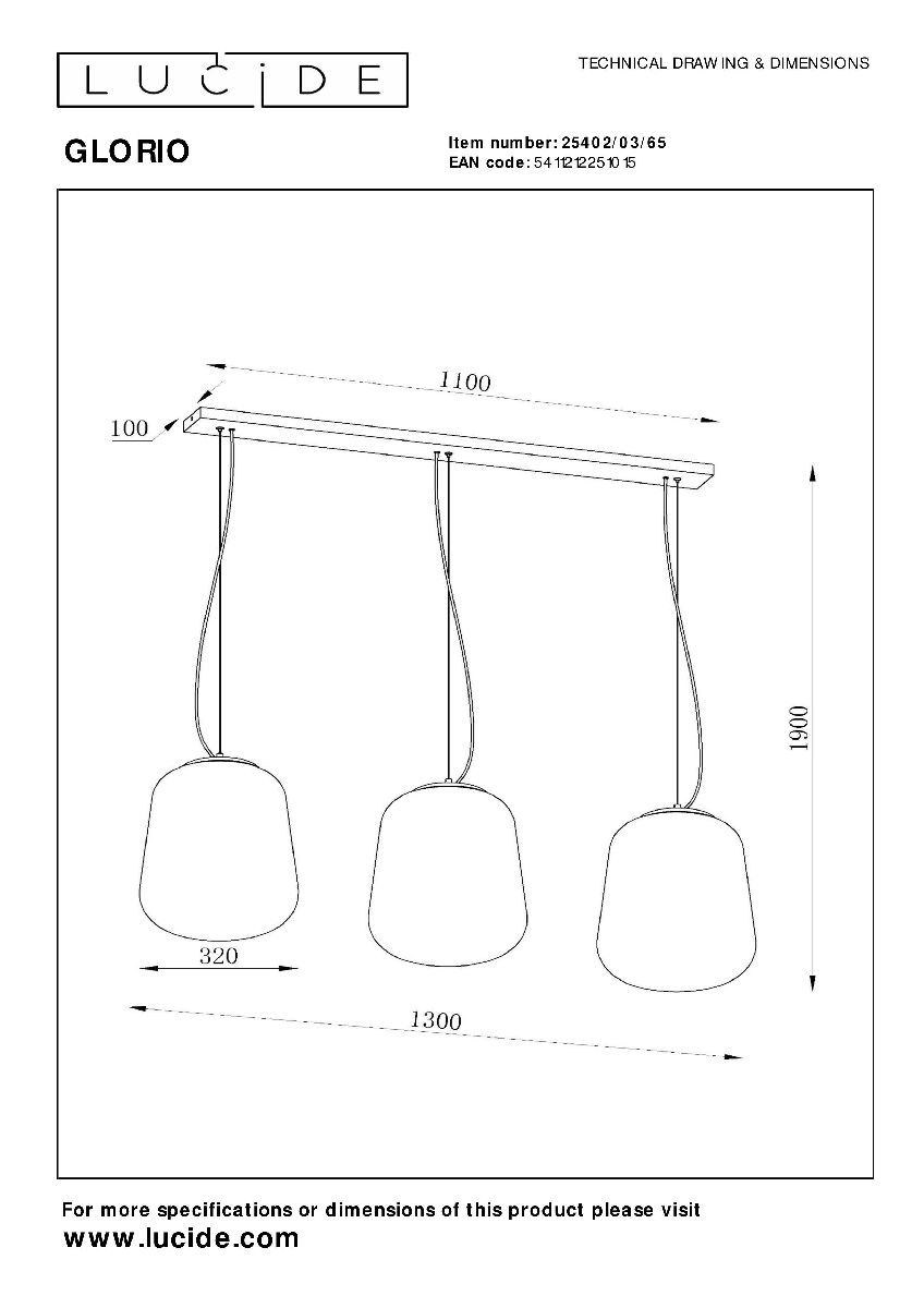 Подвесной светильник Lucide Glorio 25402/03/65