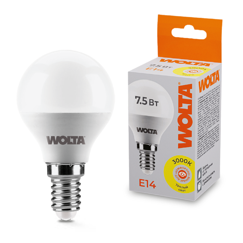 Светодиодная лампа WOLTA 7.5Вт 3000K E14 груша матовая 25Y45GL7.5E14