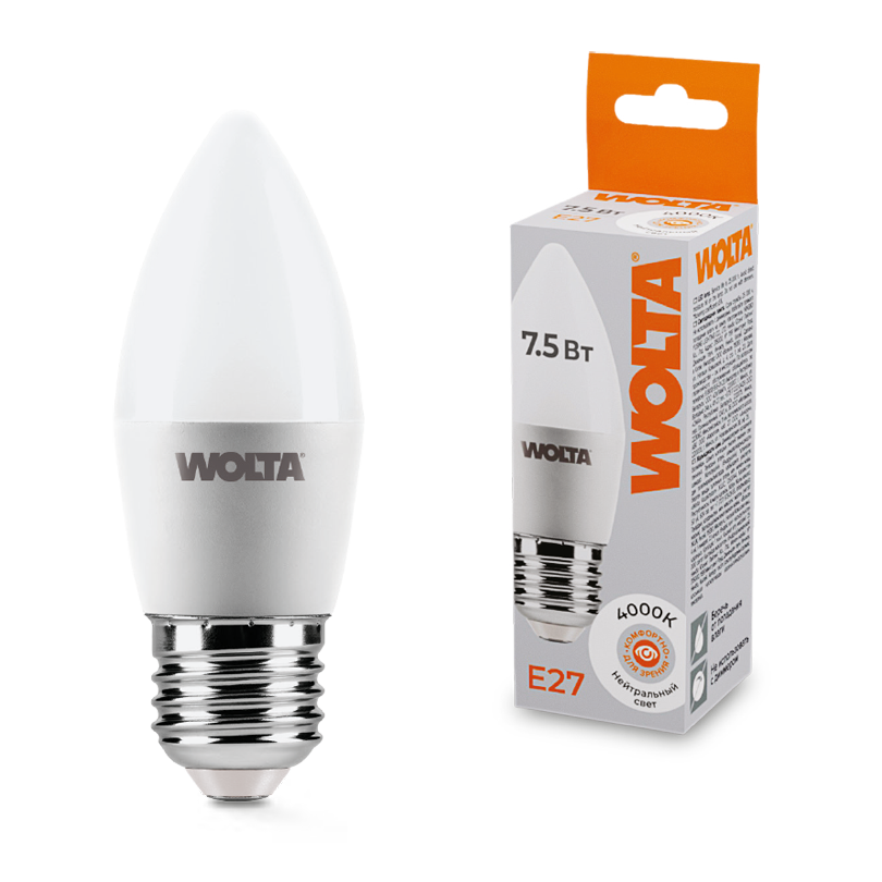 Светодиодная лампа WOLTA 7.5Вт 4000K E27 свеча матовая 25SC7.5E27