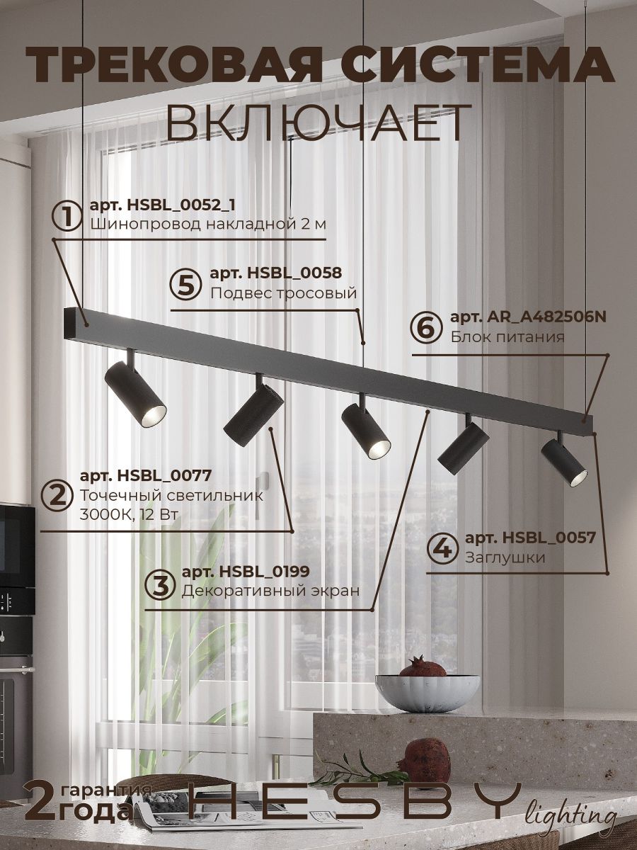 Трековая система со светильниками №3 трехфазная подвесная Eldeko (48В, форма - прямая, 2м, 3000K) черная Hesby Lighting HSBL_kompl_E003_PI2B3K