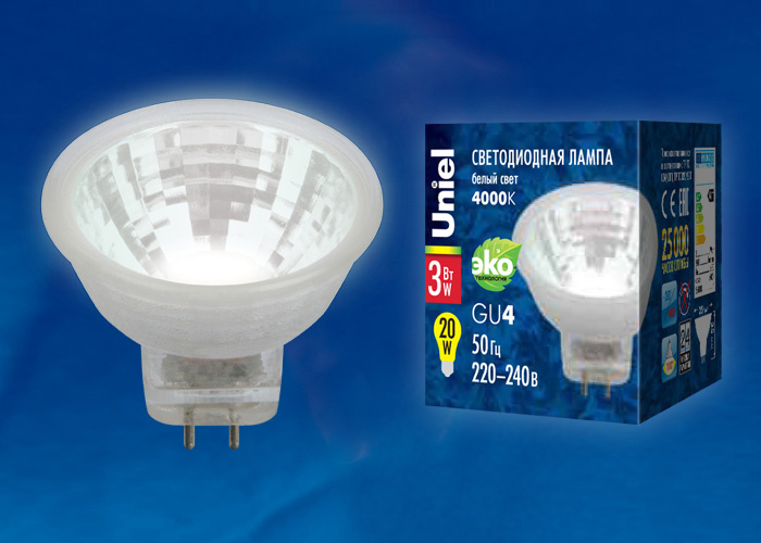 Лампа светодиодная (UL-00001703) Uniel GU4 3W 4000K прозрачная LED-MR11-3W/NW/GU4/220V GLZ21TR