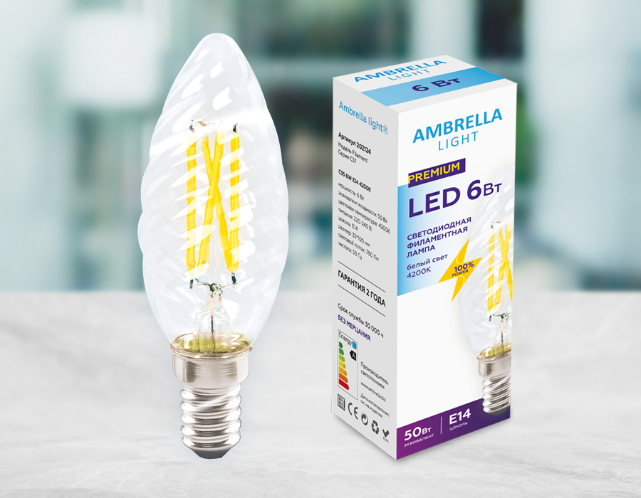 Светодиодная лампа Ambrella Light Filament C35 E14 6W 4200K 202124