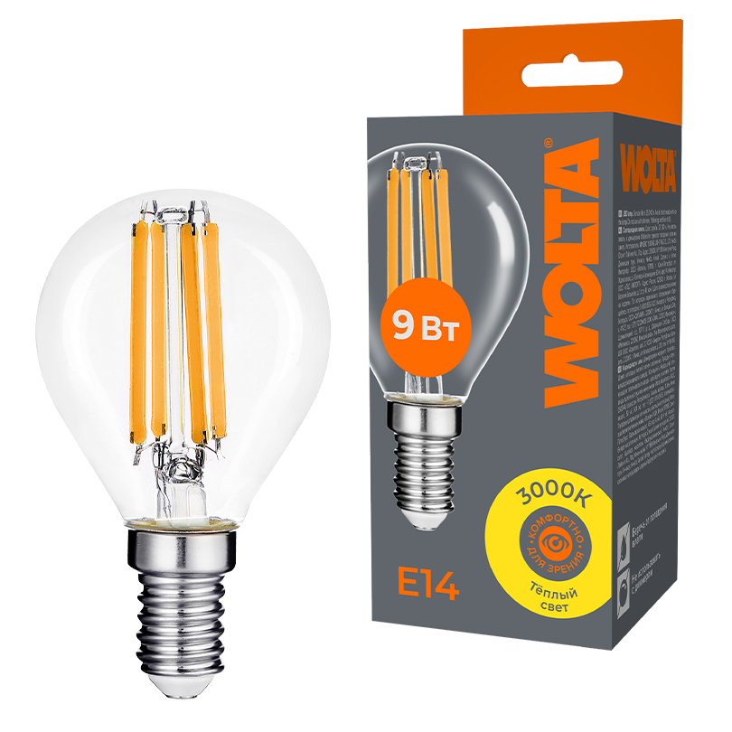 Лампа светодиодная филаментная WOLTA 9Вт 3000K Е14 шар прозрачный WF-G45-9W3KE14