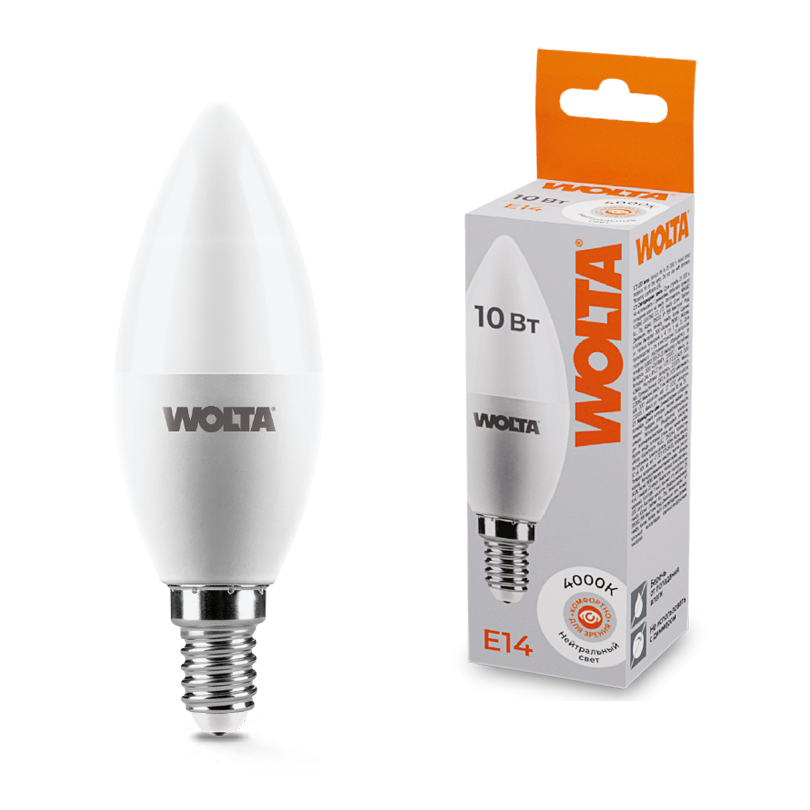 Светодиодная лампа WOLTA 10Вт 4000K E14 свеча матовая 25SC10E14