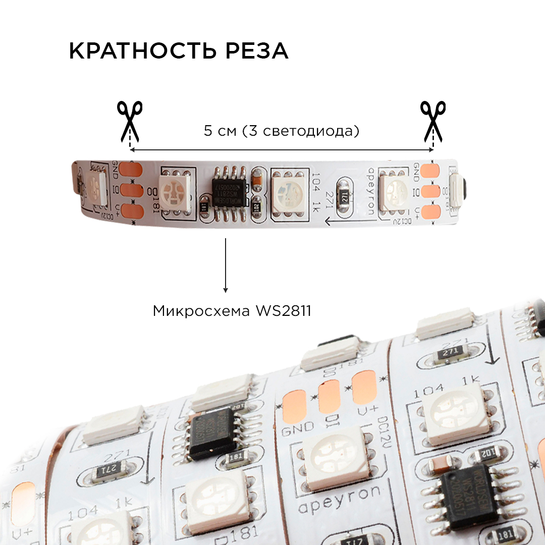 Комплект цифровой светодиодной ленты Apeyron 12В 5050 14,4Вт/м RGB 2м IP65 84ЦЛ