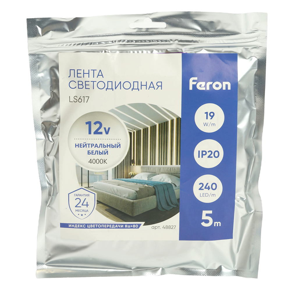 Светодиодная лента Feron LS617 12В 19Вт/м 4000К 5м IP20 48827