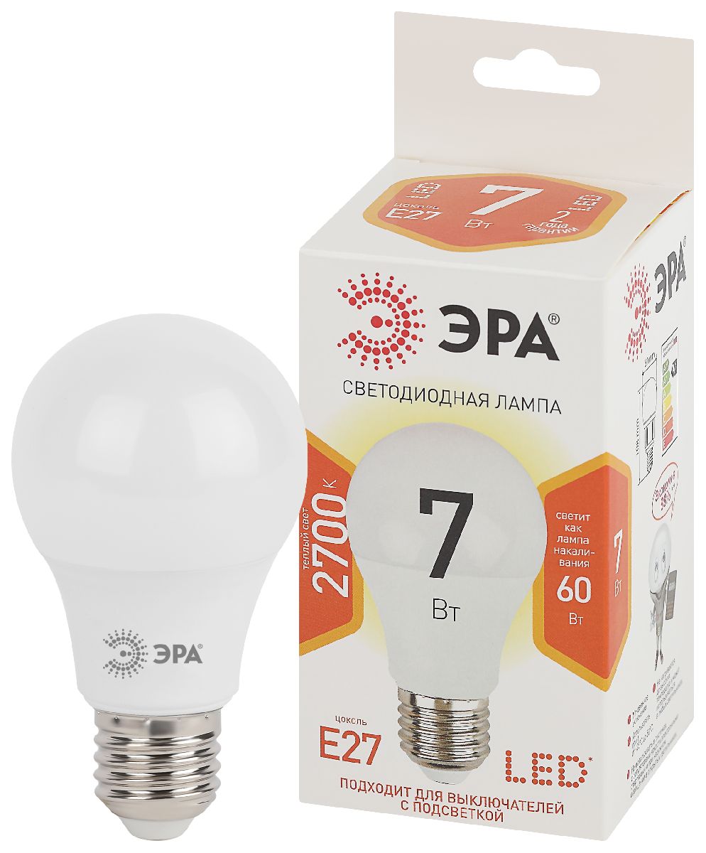 Лампа светодиодная Эра E27 7W 2700K LED A60-7W-827-E27 Б0029819