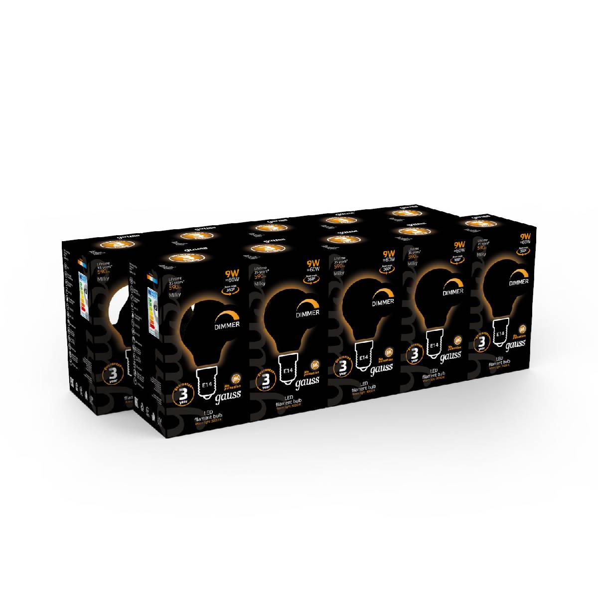 Лампа светодиодная филаментная диммируемая Gauss E14 9W 3000К матовая 105201109-D