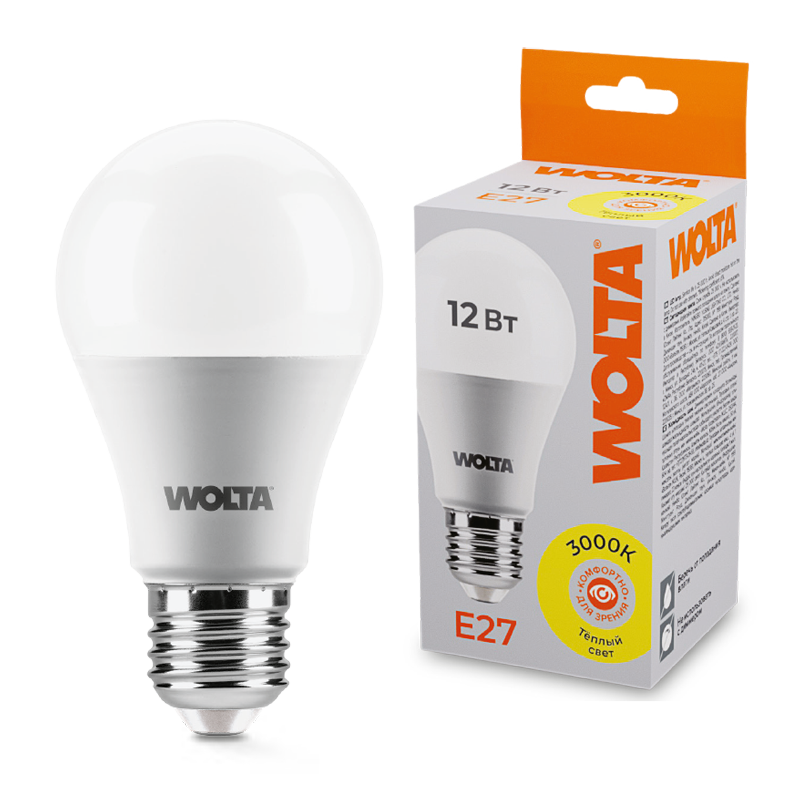 Светодиодная лампа WOLTA 12Вт 3000К E27 груша матовая 25Y60BL12E27