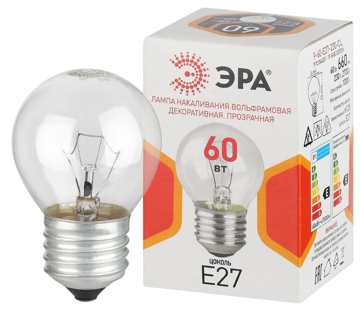 Лампа накаливания Эра P-60-E27-230-CL шар Б0066558