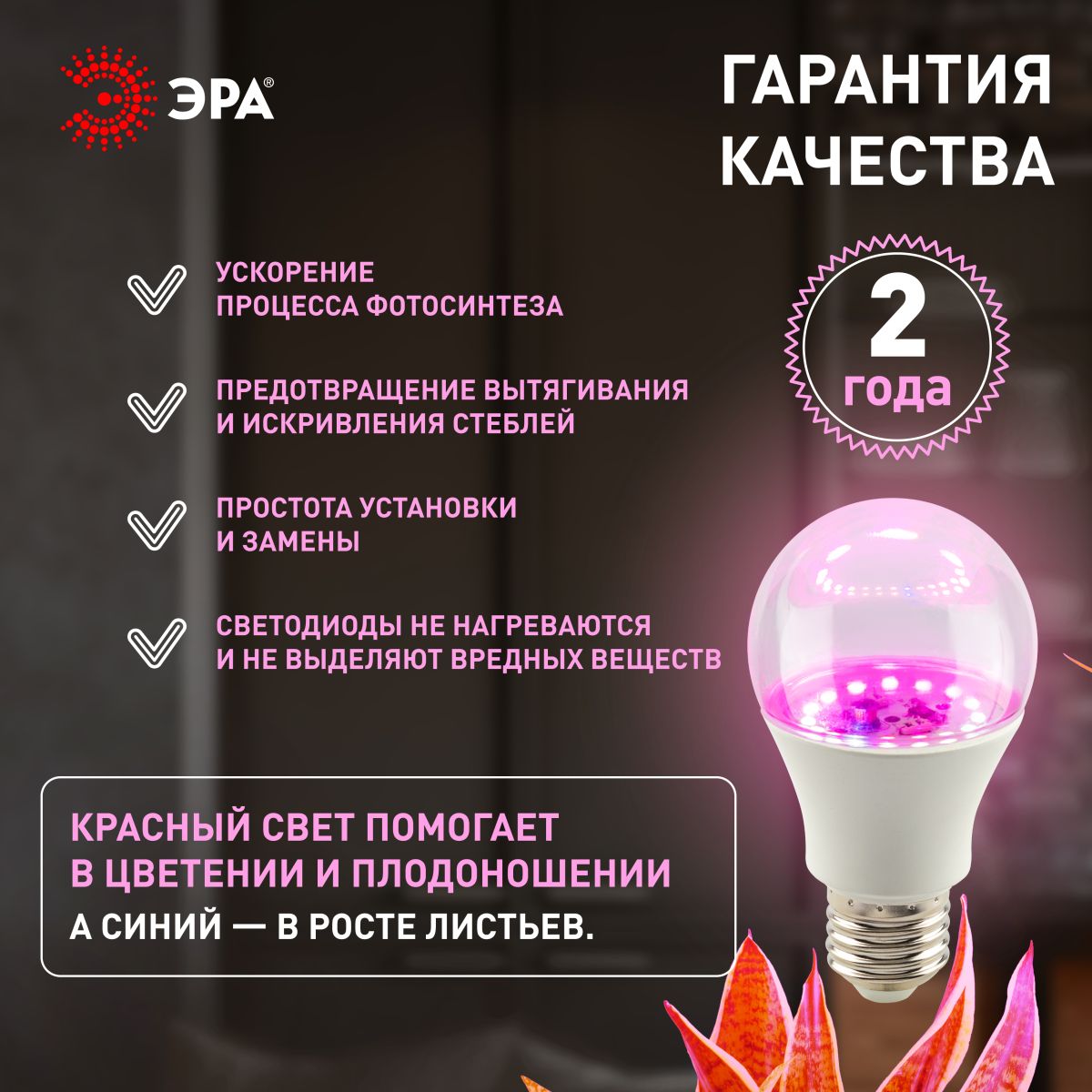 Фитолампа для растений Эра ФИТО A65-20W-PL-E27-GR Б0068597