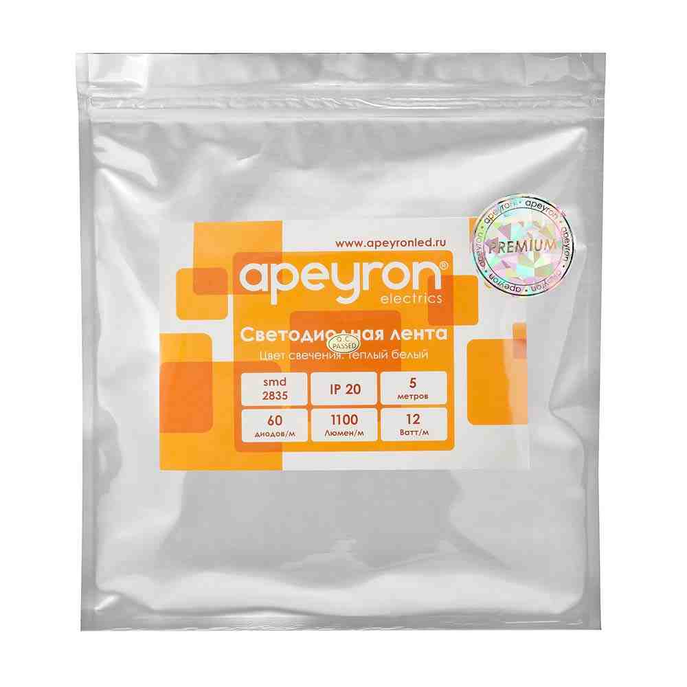Светодиодная лента Apeyron 12В ПРО 12Вт/м smd2835 60д/м IP20 1100Лм/м 5м 3000К 00-454
