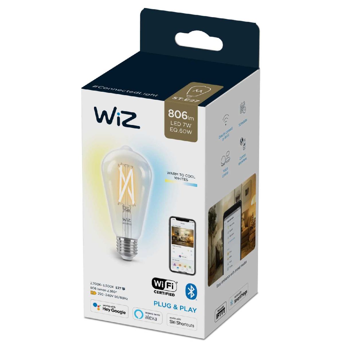 Умная светодиодная лампа Wiz Wi-Fi BLE60WST64E27927-65CL1PF/6 E27 7W 2700/6500K 929003018601