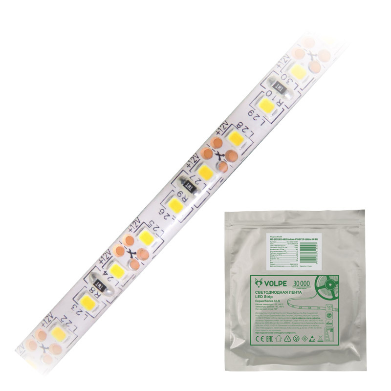 Светодиодная влагозащищенная лента Volpe (UL-00000899) 9,6W/m 120LED/m 2835SMD теплый белый 5M ULS-Q334 2835-120LED/m-8mm-IP65-DC12V-9,6W/m-5M-WW