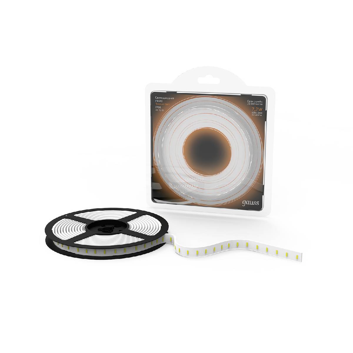 Светодиодная влагозащищенная лента Gauss 7,2W/m 30LED/m 5050SMD теплый белый 5M 311000107