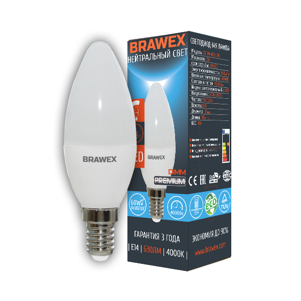 Светодиодная диммируемая лампа Brawex свеча матовая E14 7Вт 4000K 0713A-B35-7N