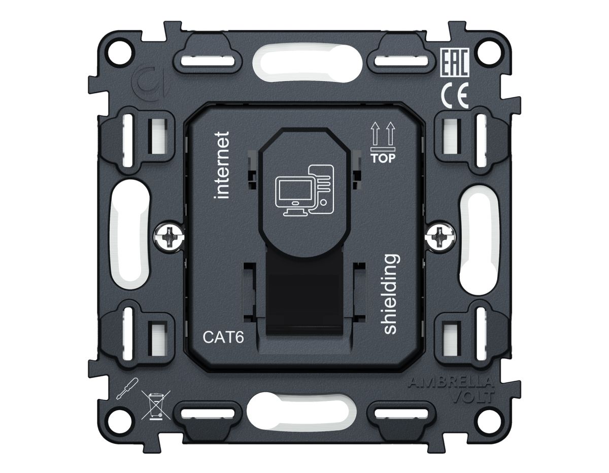 Механизм компьютерной розетки RJ-45 (8P8C) CAT6A экранированной с автоматической защитной шторкой QUANT Ambrella Volt VM185