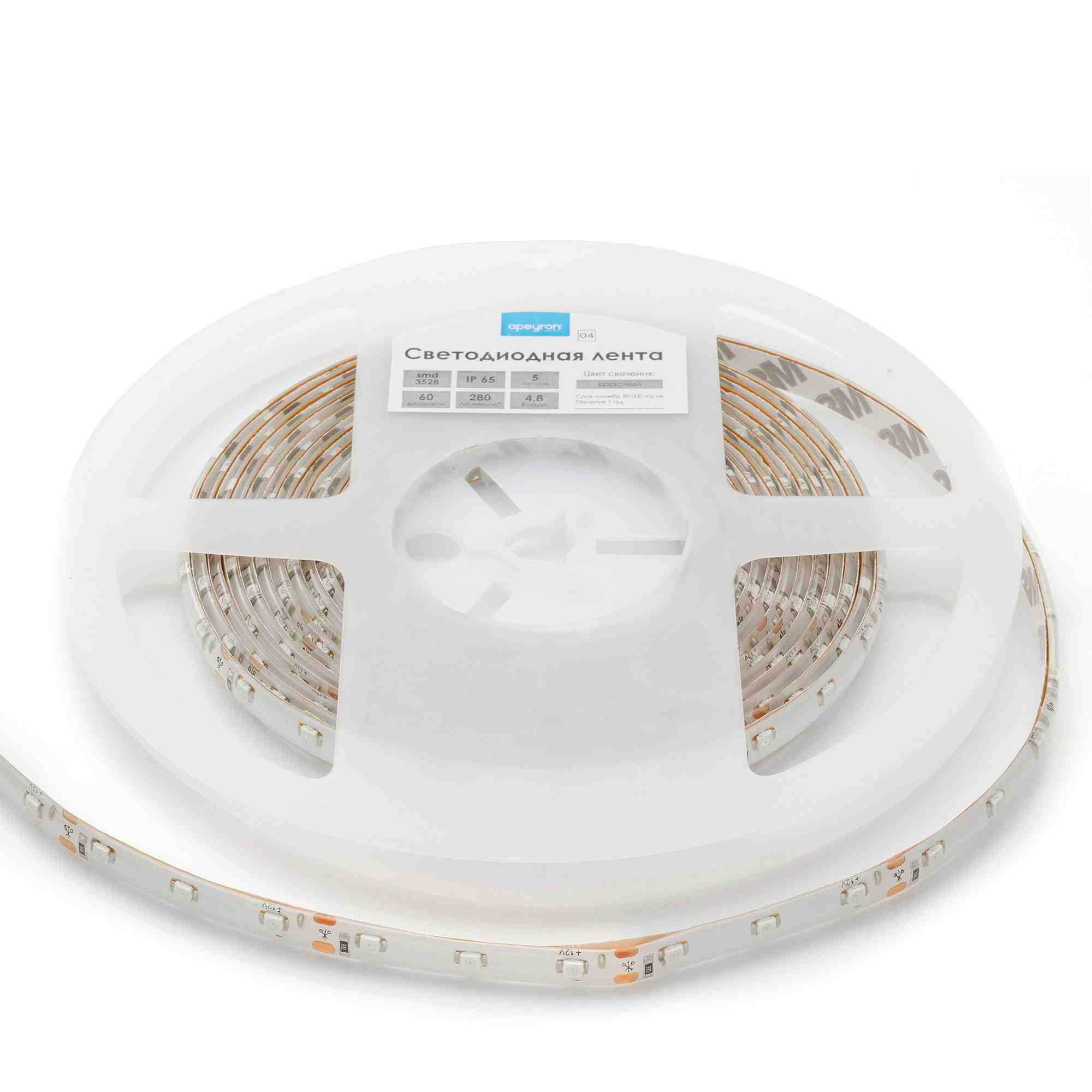 Светодиодная лента Apeyron 12В СТ 4,8Вт/м smd3528, 60д/м IP65 5м красная 00-04