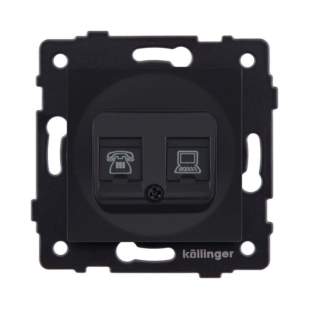 Розетка двойная RJ11 + RJ45 Cat.6, черный матовый Kollinger REA-011BM для Aspekt, Eleganz, Reflex