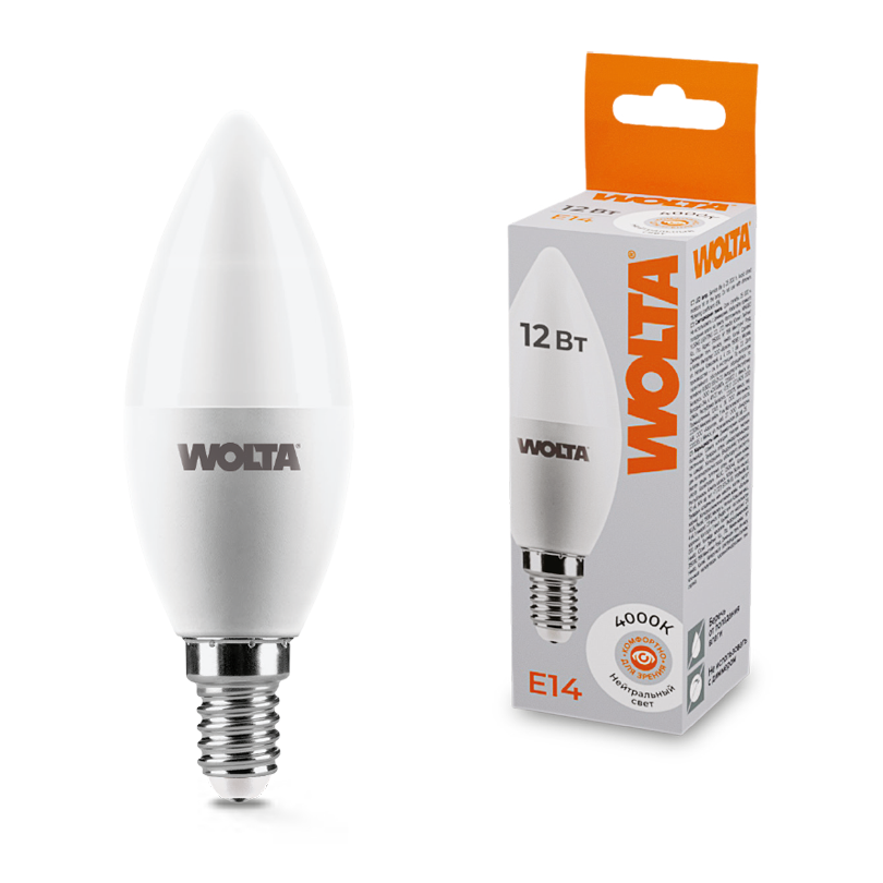 Светодиодная лампа WOLTA 12Вт 4000K Е14 свеча матовая 25SC12E14