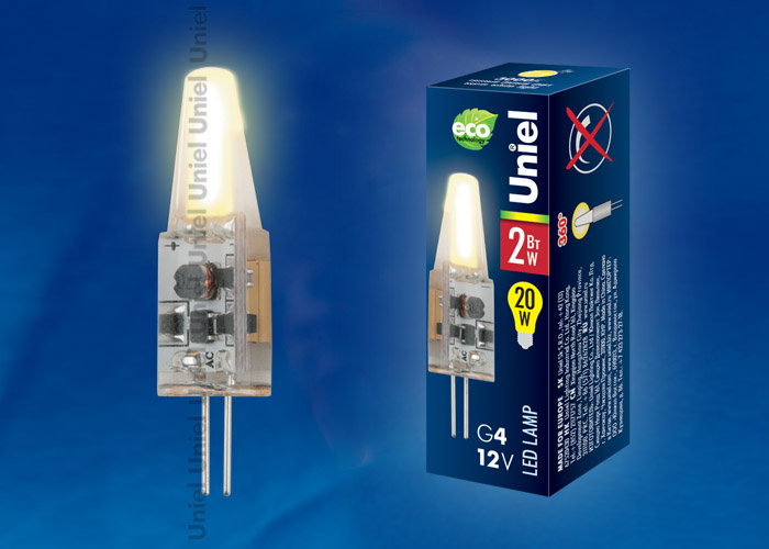 Лампа светодиодная (UL-00000184) Uniel G4 2W 3000K прозрачная LED-JC-12/2W/WW/G4/CL SIZ05TR