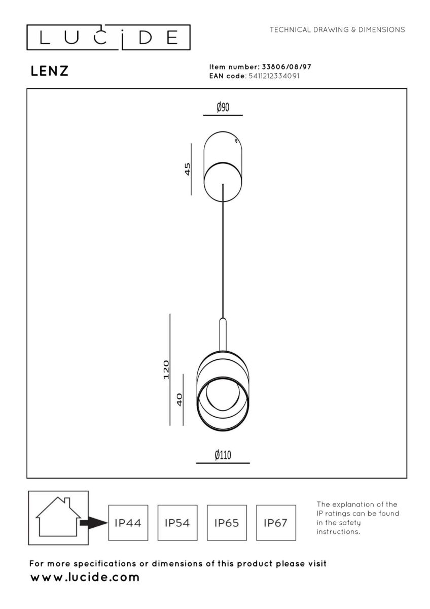 Уличный подвесной светильник Lucide Lenz 33806/08/97