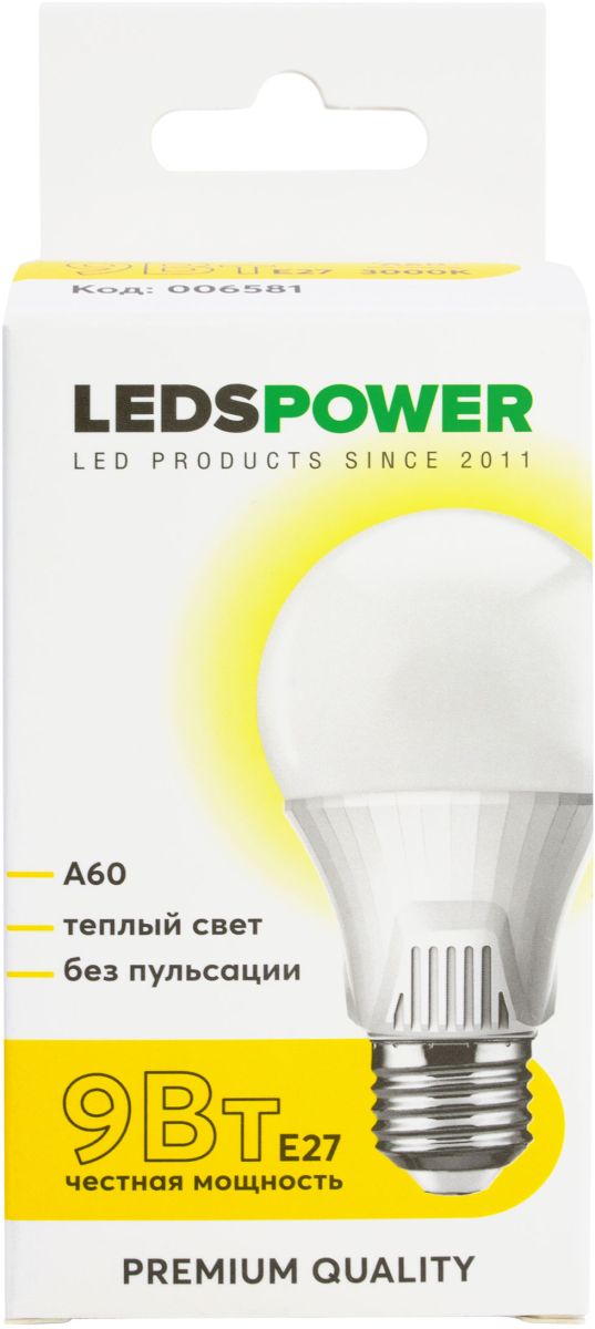 Светодиодная лампа LEDS POWER A60 E27 9Вт 3000К 006581