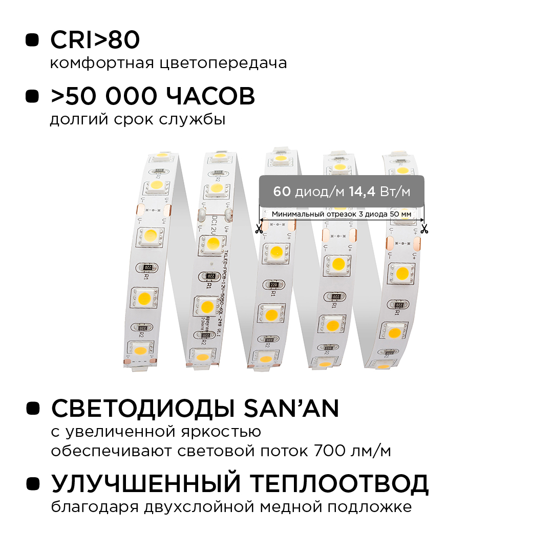 Комплект светодиодной ленты Apeyron 12В 14.4Вт/м smd 5050 60 д/м IP20 2,5м 3000K (блок, коннектор) 10-13