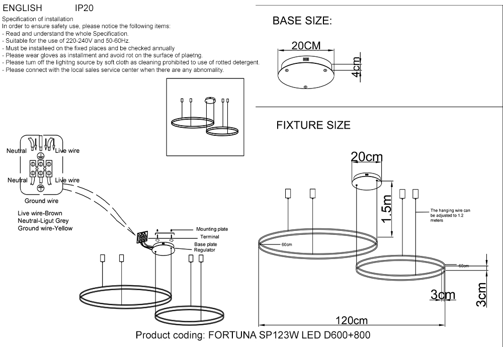 Подвесной светодиодный светильник Crystal Lux FORTUNA SP123W LED D600+800 GOLD